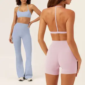 New Women's Solid Breathable Lightweight Quick Dry Sports Set Halter Bra Flared Yoga Pants Fitness Outfit