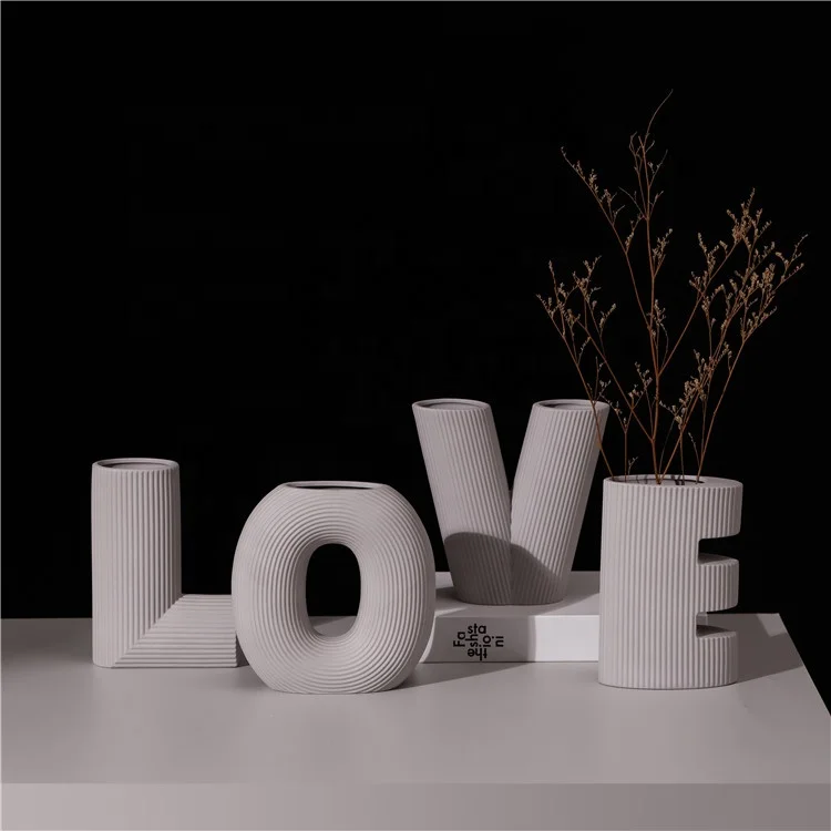 K&B Modern Nordic Morandi Style LOVE Letter Stripe Home Decoration Porcelain Flower Vase Home Goods Ceramic Vases