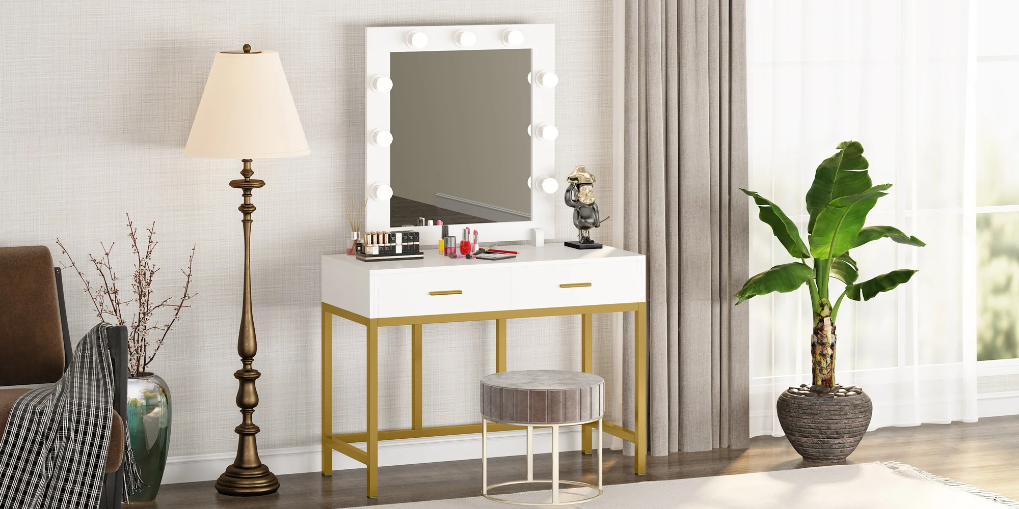 Tribesigns vanity  dressing table with led light makeup mirror for  bedroom