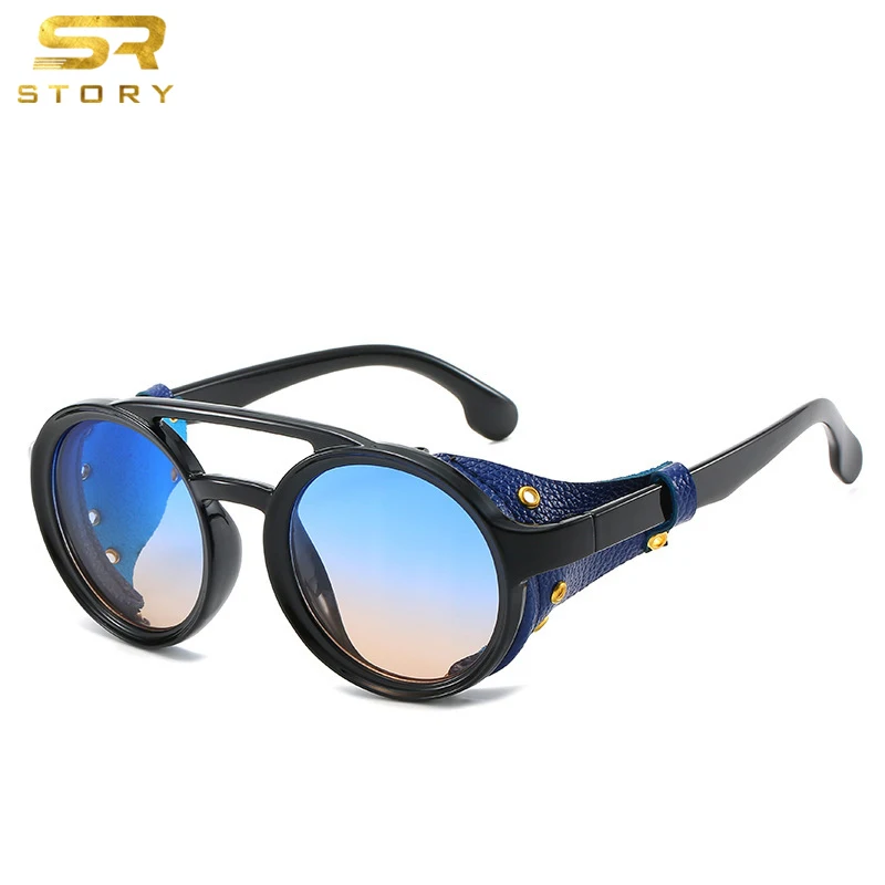 STORY STY1915G PU Leather Designer Round Frame Eyeglasses Men Women UV400 Vintage Sunglasses Retro Steampunk Sun Glasses