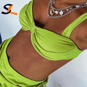 Custom New Sexy Metal Ring Underwire Solid 3 Piece Bikini With Skirt Bandeau Swimsuit Women Thong Swimwear Cover Up