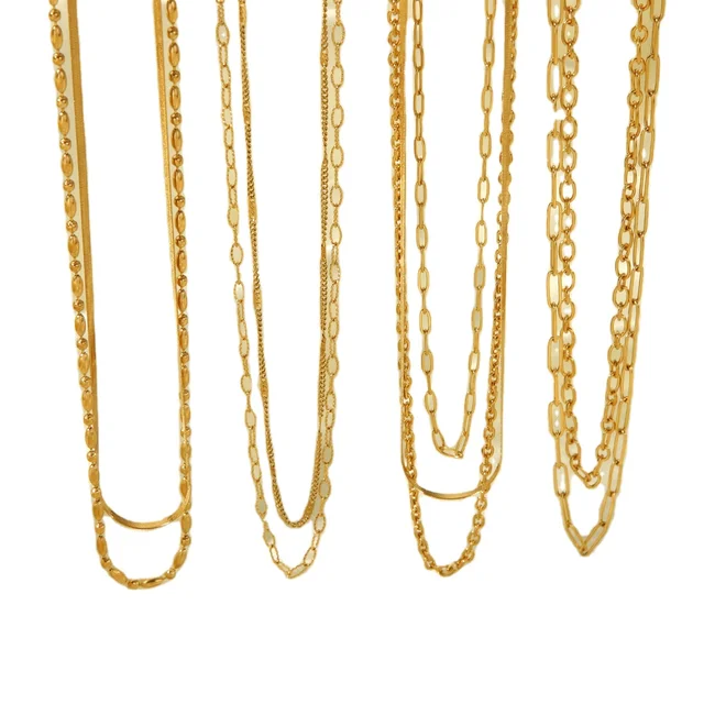 New Trendy 18K Gold Plated Stainless Steel Waterproof Three Layer Stacking Paper-clips Necklace for Girls