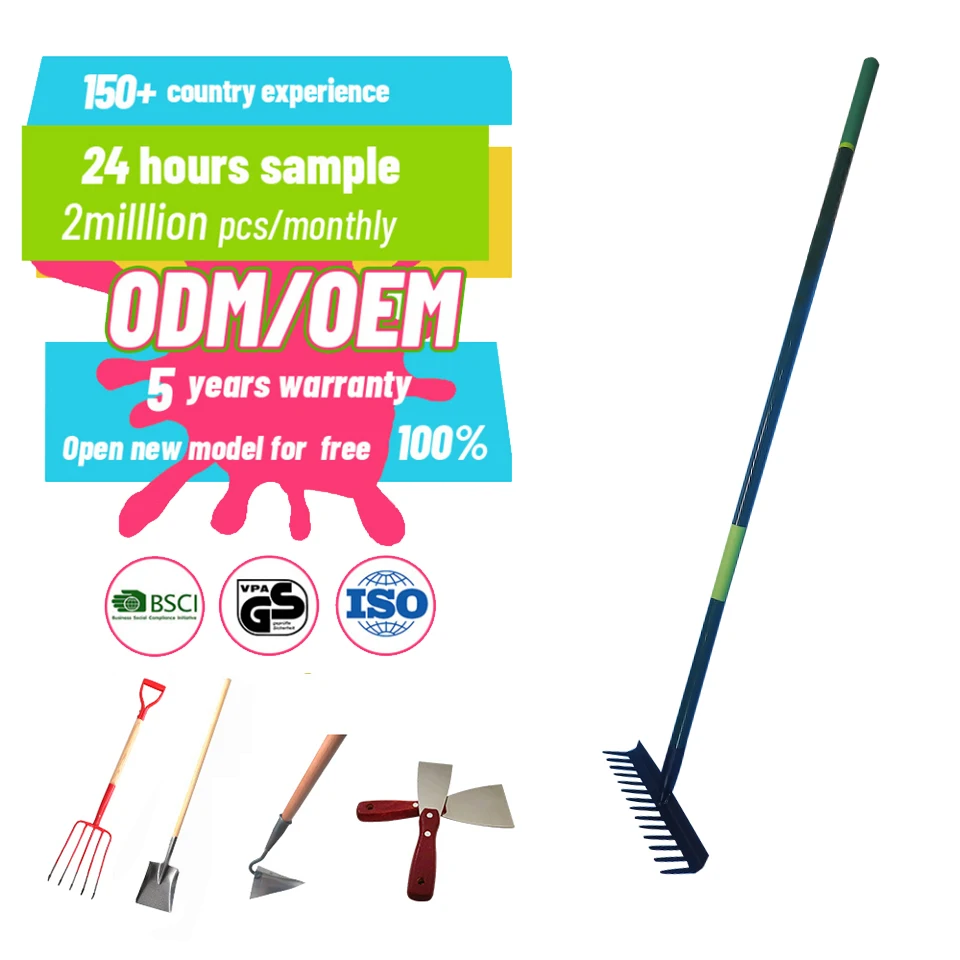 Wholesale Factory  Customized Carbon Steel Metal Farming  Garden Leaf  Rake with Long Fiberglass Handle