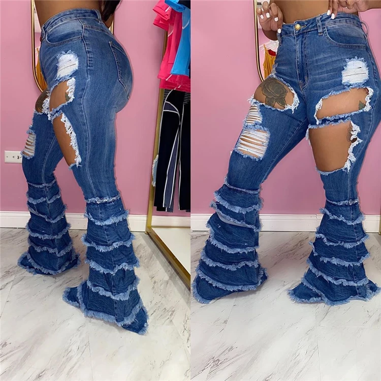 Good Design Solid Color Washed Ripped Cascading Splice New Ladies 2021 Clothing Womens Trousers Flared Jeans Pants