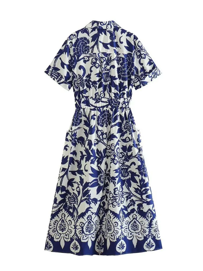 Qz1849 New 2023 Summer Chic Blue And White Floral Print Shot Sleeve ...