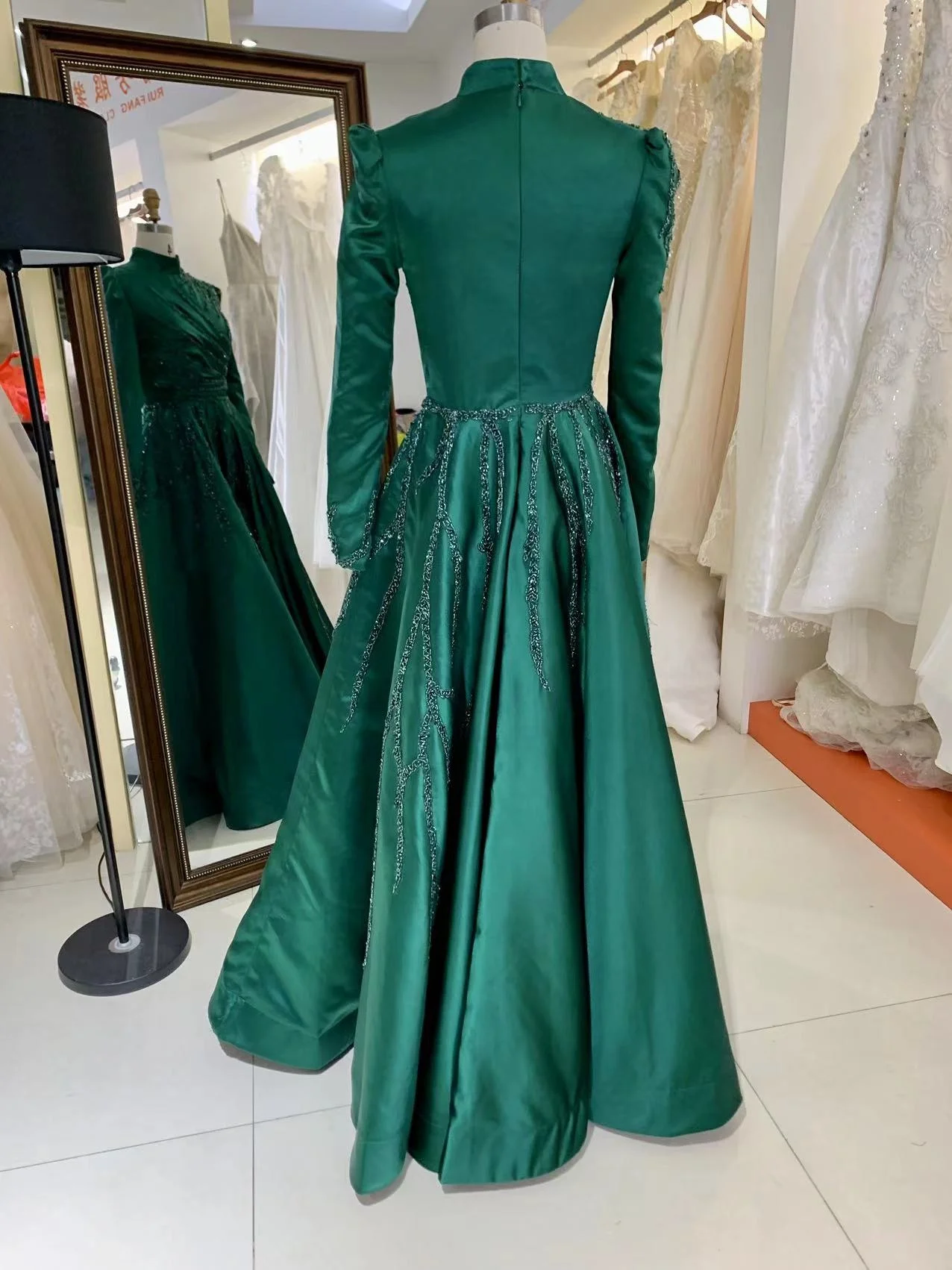Emerald Green Satin A-Line Evening Dress High Neck Full Beaded Bodice Puffy  Long Sleeves Natural Waist-Party Style Embroidered