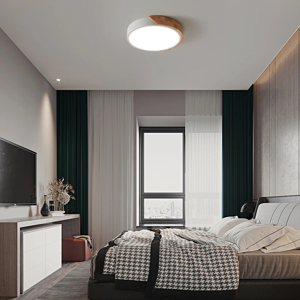 Modern minimalist living room bedroom round wood ceiling lamp LED