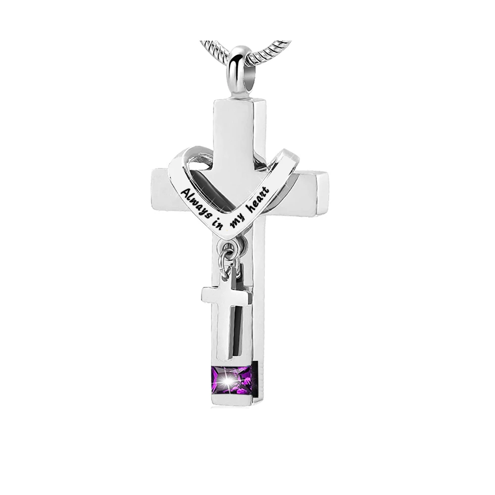 Cross With Birthstone Urn Necklaces for Ashes Stainless Steel Memorial Cremation Pendant Jewelry Keepsake for Human or Pet Gift