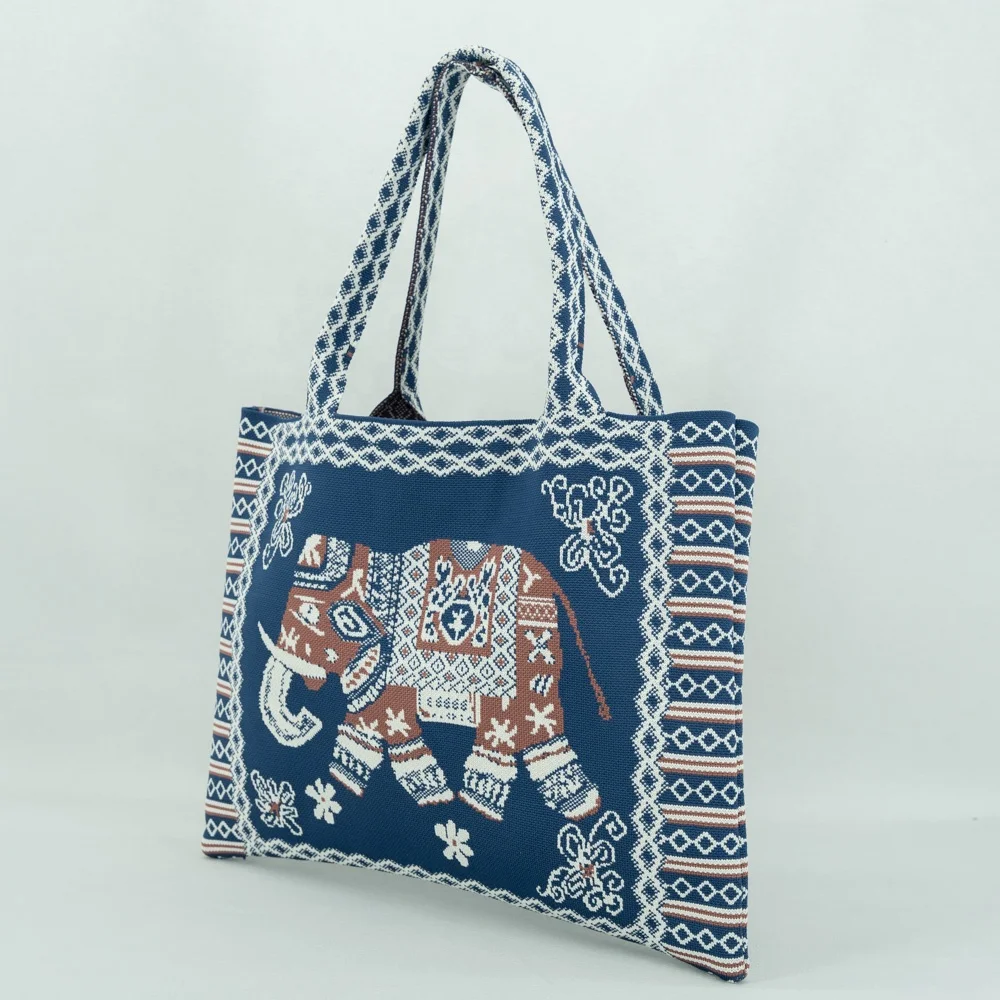 Southeast Asian National Style Elephant Pattern Womens  Knitted Tote Handbag