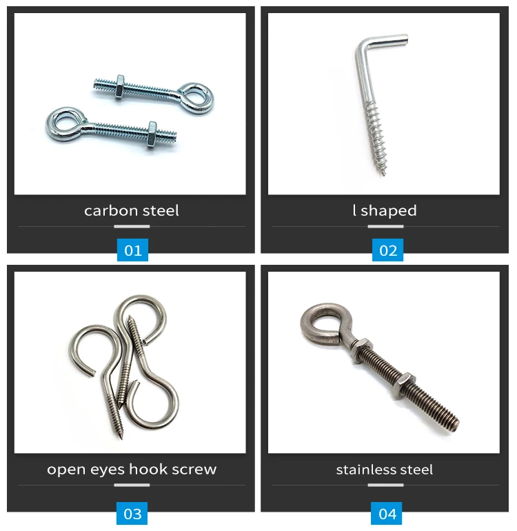 Eye Screw Stainless Steel Carbon Steel L Shaped J Shape Wood Hook Bolt Open Eyes Hook Screw