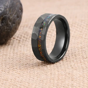 Trendy Hammered Titanium Ring and Crushed Red Green Fire Opals Mens Black Zirconium Wedding Band