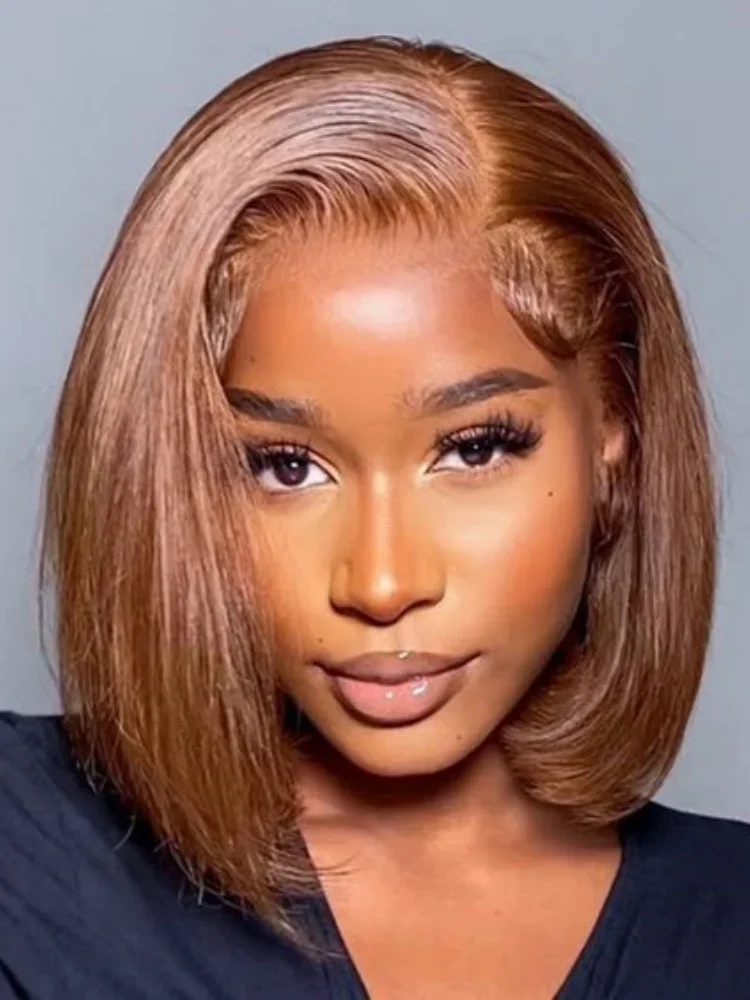 Dunkelbraune kurze Bob-Perücke aus Echthaar, gerade Lace-Front-Perücken für Frauen_voghion.com