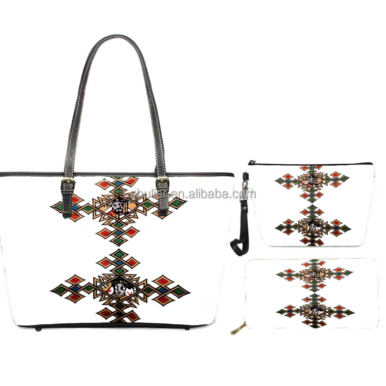Custom Ethiopian Traditional Saba Telet Hand Woven Basket Design Women Bags Handbag PU Leather Tote Shoulder Ladies Hand Bag Set