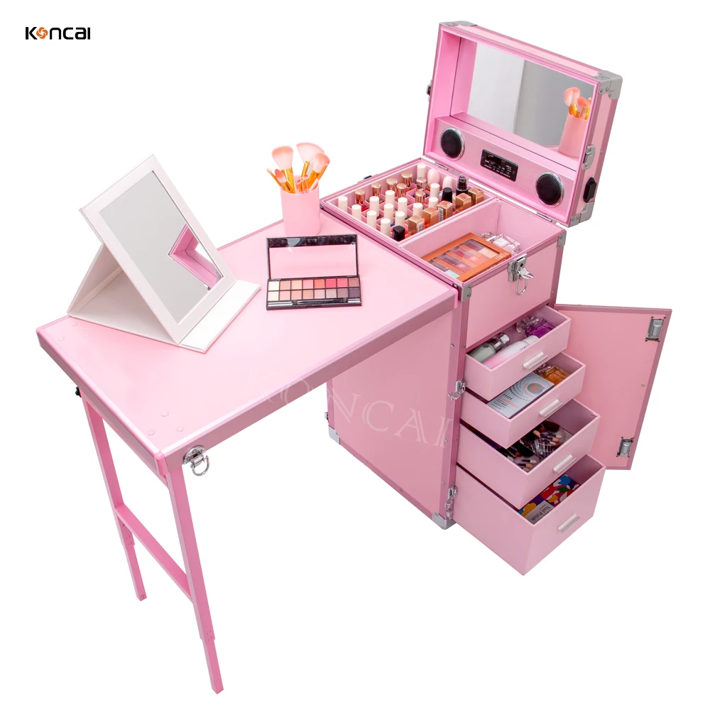 Custom Pink Nail Table Rolling Case Beauty Salon Manicure Table Makeup