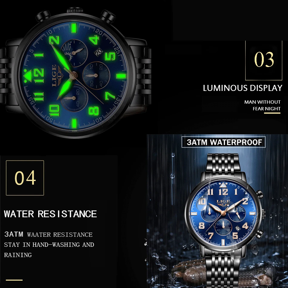 LIGE 9979 Fashion Men Watches Brand Luxury Quartz Watch Men Stainless Steel Waterproof Male Moon Phase Chronograph Wristwatch