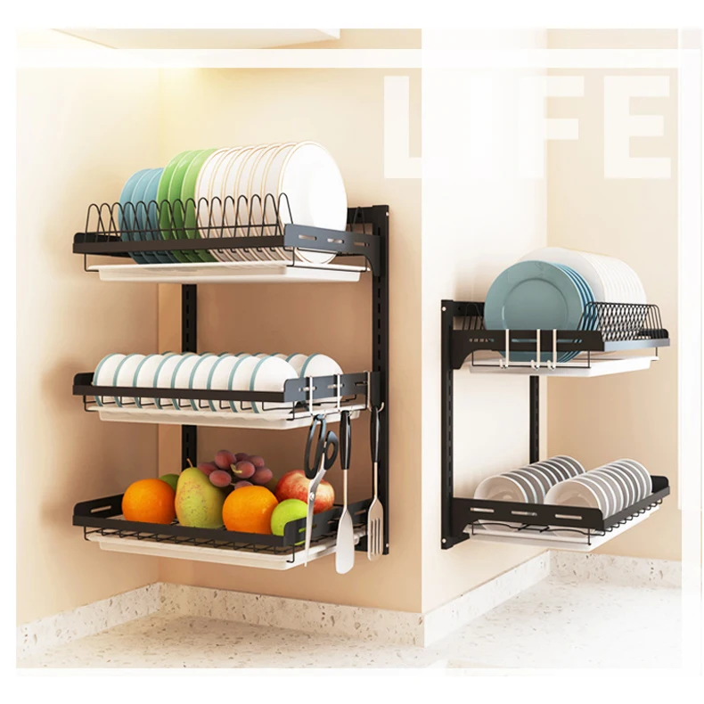  3-Layer Wall Mounted Dish Rack, 201 Stainless Steel Kitchen Drain  Rack, Knife Plate Chopstick Holder, Space-Saving, 55.5*26.6*41.2cm