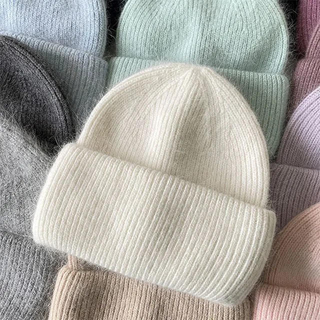 Angora Solid Color Handmade Knitted Wool Hat Fluffy Beanie Caps Soft Cozy Warm Winter Hat Women hat custom