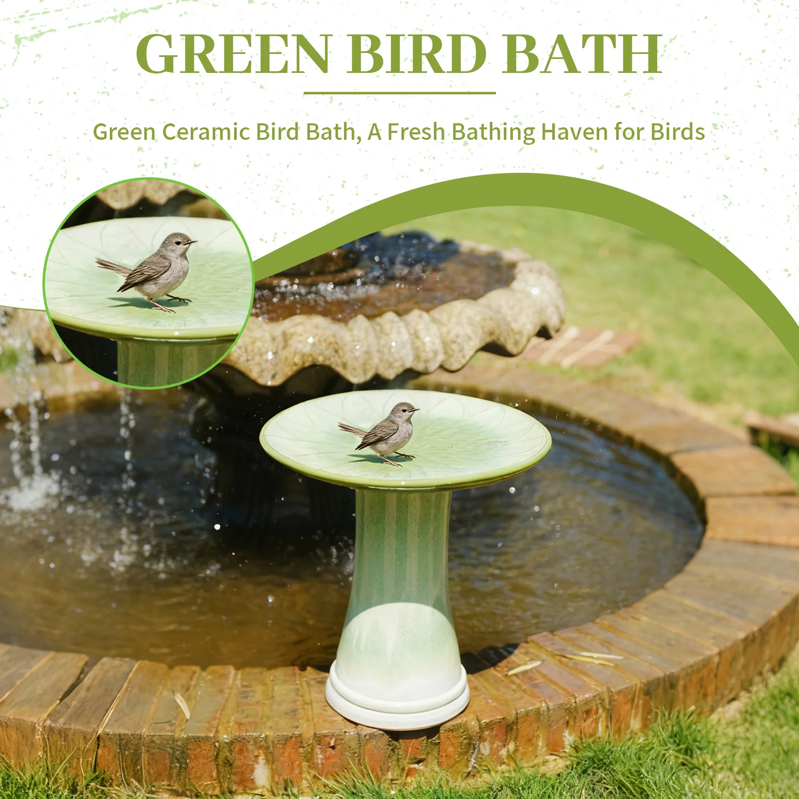 Handmade 16.93-Inch Diameter 18.11-Inch Height Green Gradient Glaze Ceramic Bird Bath for Outdoor Garden Birds Backyard Birding - Image 4