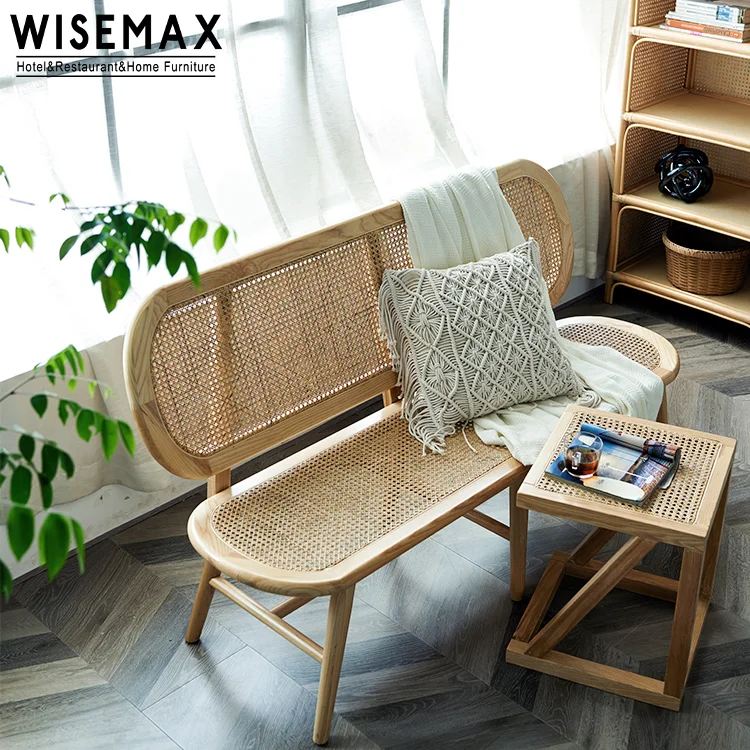 WISEMAX FURNITURE Modern Design Furniture Solid Wooden Long Bench Natural Rattan Sheef Woven Chair Bench for Garden and Cafe Sho