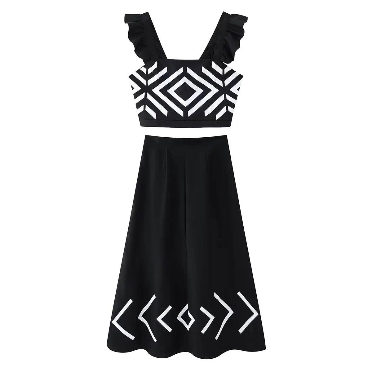 TWOTWINSTYLE Vintage Two Piece Set Short Tops High Waist a Line Long Skirts Sets for Women