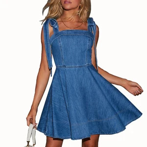 Custom High Quality Summer Causal Elegant Blue Denim Mini Dress Strappy Sleeveless High Waist Design DRESS
