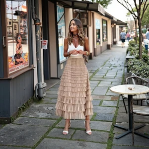 Natural Waist A-Line Fluffy Fairy Summer Chiffon Floor-Length Skirt Women Casual Breathable Knitted Fabric