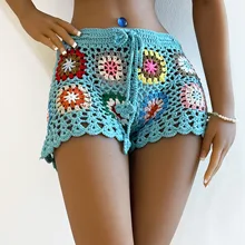 Women's Color Random Hand Crochet Flower Block Patchwork Granny Check Wrap Hot Pants women sexy beach crochet shorts