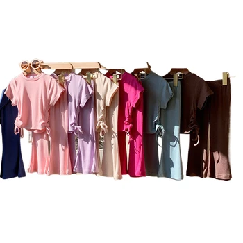 Summer 2025 Casual Good Quality Baby Girls Outfit Short Sleeves Drawstring Elastic Cuff Bell-Bottom Long Pants Two Piece Set