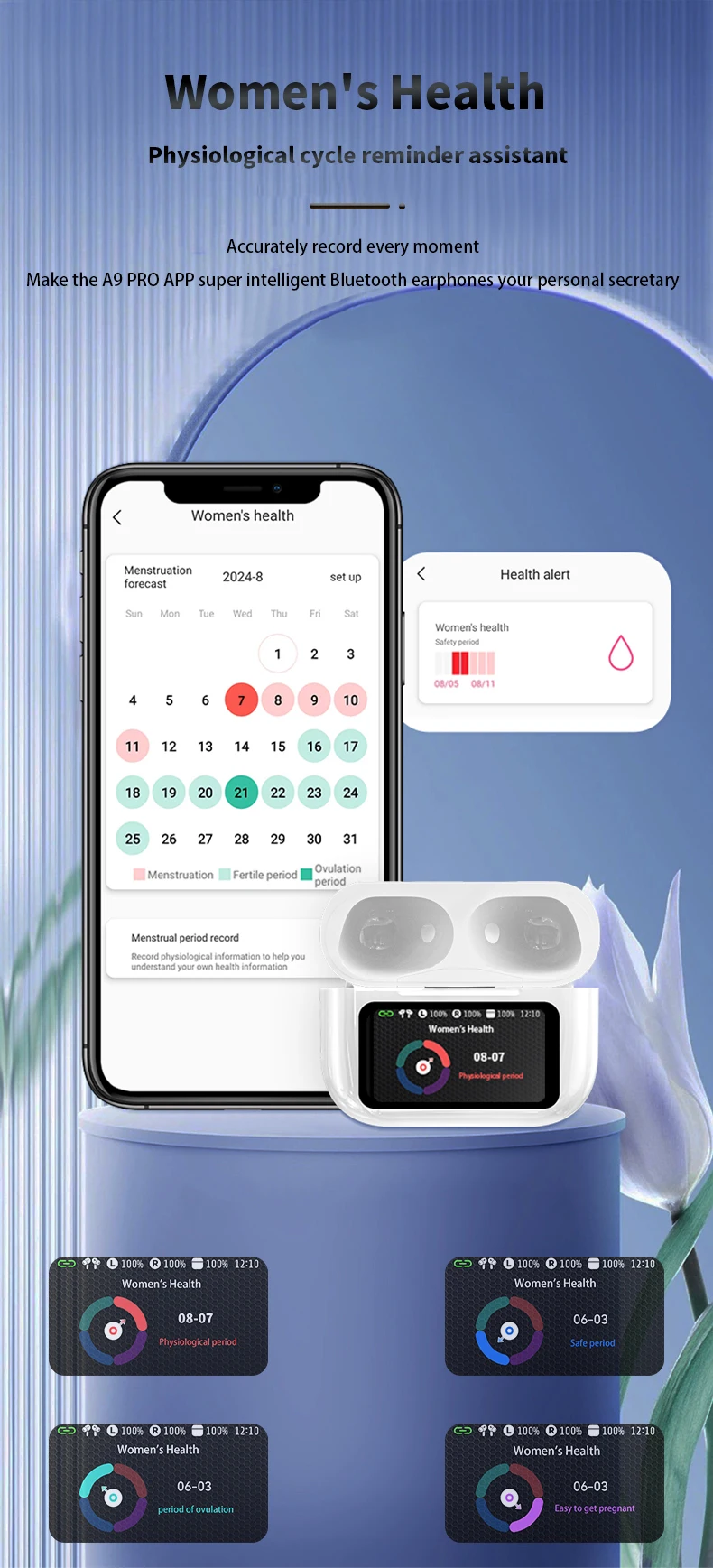 Upgrade A9 Pro APP Colorful Touch Screen Bluetooth ANC ENC GPS Active Noise Cancellation TWS Ultra Long Battery Life Earbuds