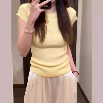 2025 New Women's Casual Short-Sleeved T-Shirt Summer Ice Silk Knitted Slim Niche Versatile Bottoming Top Trendy