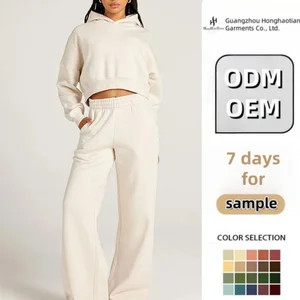 ODM High Quality Screen Print Cotton Fleece 2 Piece Sweatsuit Outfits Women Tracksuit Wide Leg Sweatpants and Cropped Hoodie Set