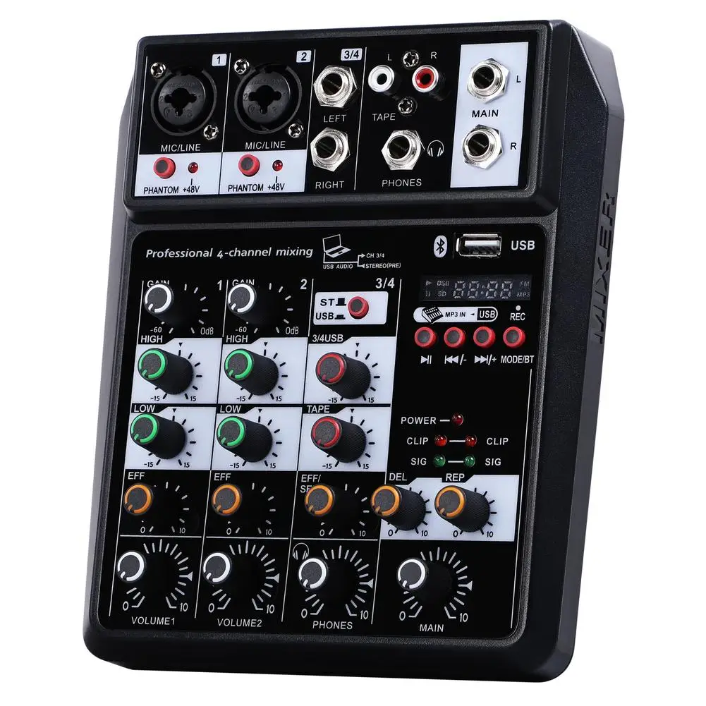 Professional 4-Channel Portable USB Audio Interface Mixer for Bluetooth Sound Mixing Console for Video & Lighting Blue Mobile