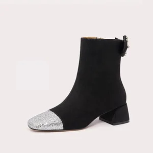 Lily Wei Comfortable Boots for Women Cushioned Insole Soft Suede Rhinestone Square Toe High Heels Women Boots