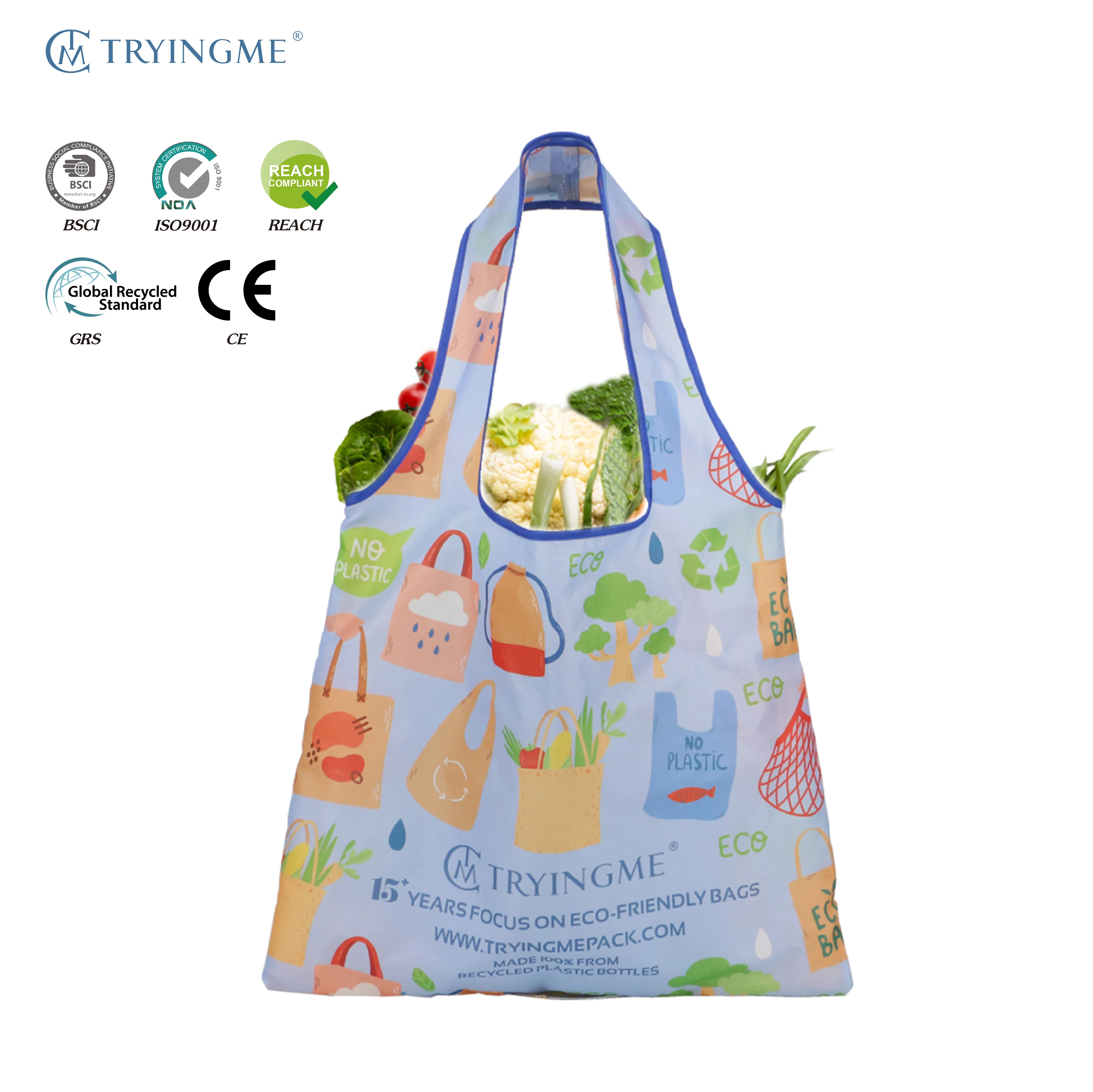 Custom Target Eco-friendly Reusable Folding Drawstring RPET Polyester Shopping Bags Custom Logo Cartoon Patterned Design for