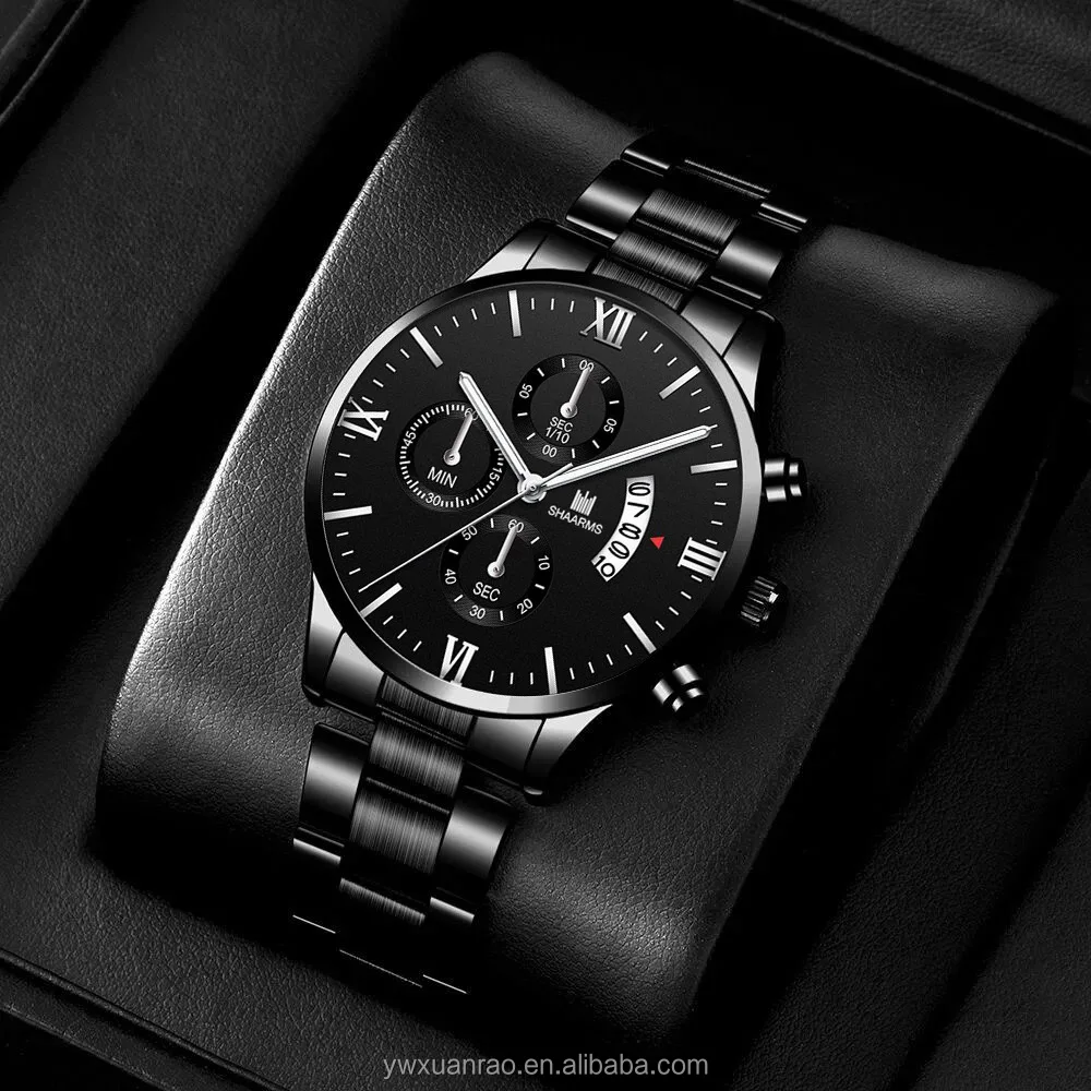 6040 Hot Luxury Date Rome Sport Watch Men Black Stainless Steel Watches