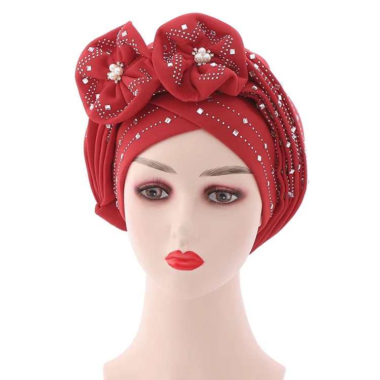 Larger Flower Head Cover Nail Rhinestone Pearls Solid Wrap Hijab Ladies Party Cap Turban Bonnet for Women