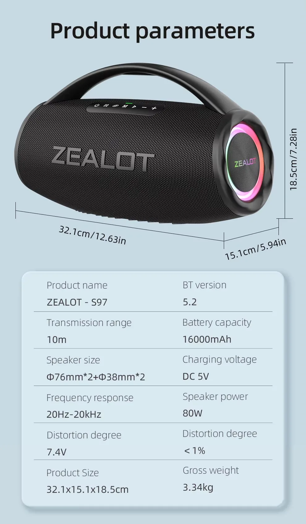 ZEALOT S97 80W Portable Bluetooth Speaker - Waterproof & RGB LED