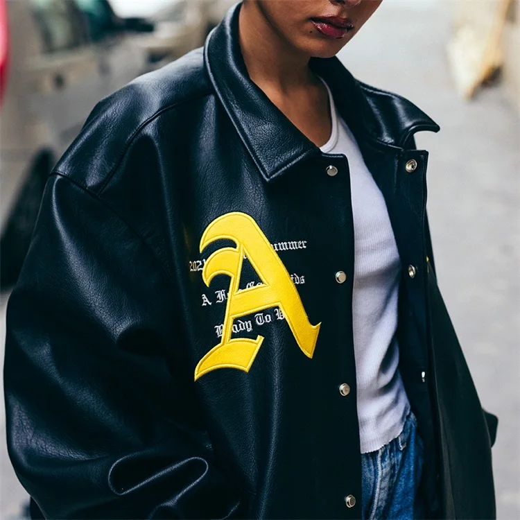 Custom Leather Coat Print Embroidered Patch Motorbike Motorcycle Bomber Leather Jacket for Men gallery 3