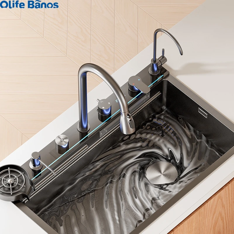 2024 Tiktok Trends DIY Accessories 304 Digital Display Pull Out Tap Waterfall  Rainfall Faucet Multifunctional 75cm Kitchen Sink supplier