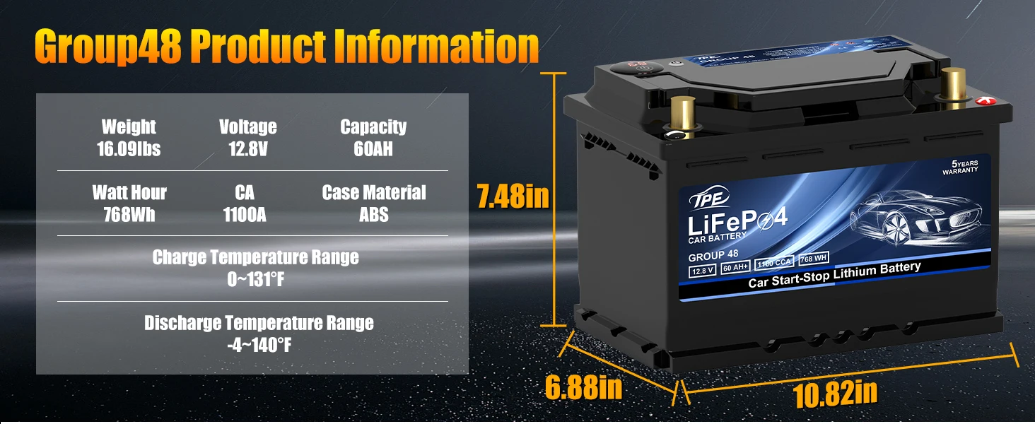 Car Start-Stop 12.8V 60Ah  Lithium Iron Automotive Battery Rechargeable Storage LiFePO4 Car Battery Portable Emergency Power supplier