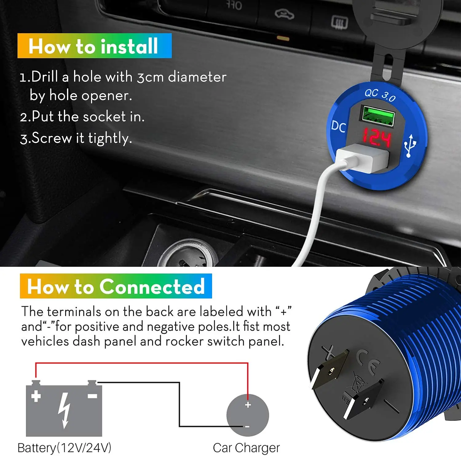 Qidoe 36W Dual QC3.0 USB Power Charger Socket, Waterproof 12V USB Outlet  with Touch Switch Car USB Port for RV Motorcycle Boat Marine Truck Golf Cart