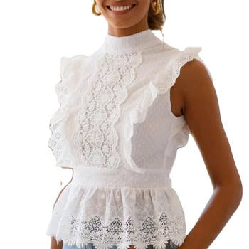 2022 Fashion White Cotton Lace Ruffle Sleeveless Ladies Elegant Womens Blouses Tops