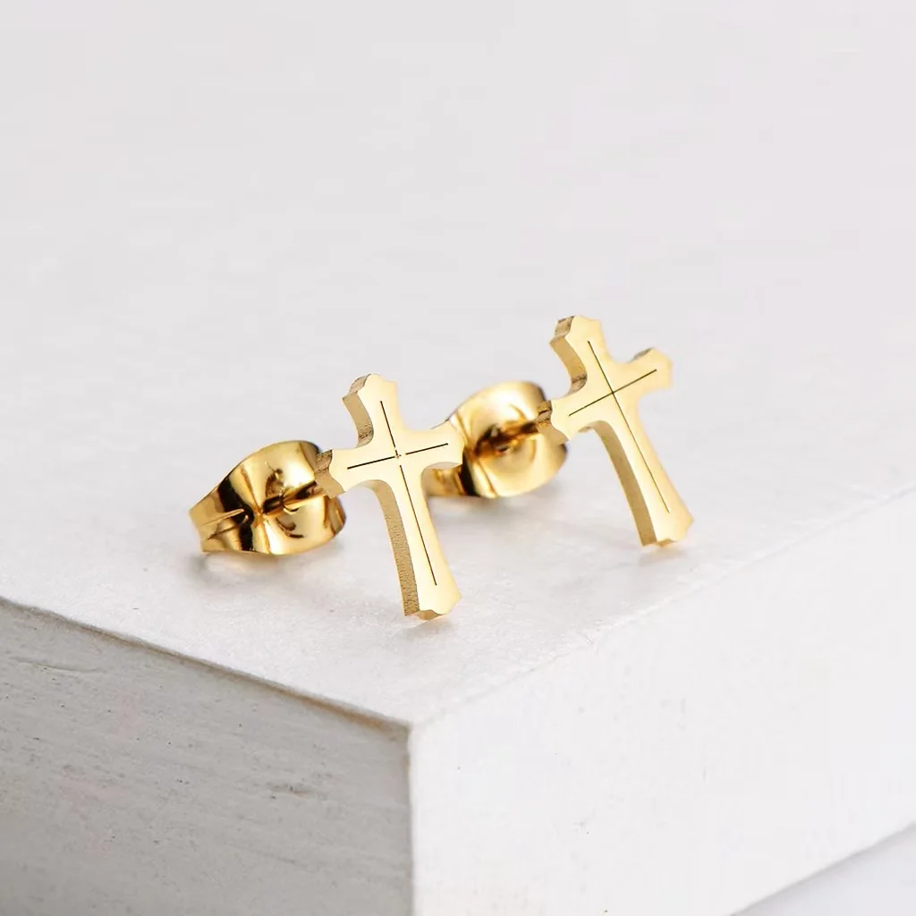 Support Custom Order Stainless Steel Gold Plated Jesus Cross Geometric  Pendant Necklace and Earrings Studs Girls Jewelry Set