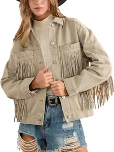 Women's Rhinestone Fringe Reversible Waterproof Denim Jacket Long Sleeve Casual Tassel Jean Coat