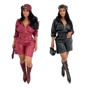 2025 New Arrival Women Sexy Outfits Two Piece Shorts Set PU Leather Zipper Hoodies Crop Jacket and Shorts 2 Piece Set