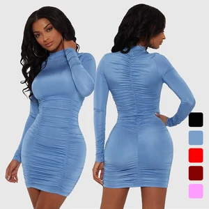 OEM Custom Long Sleeve Ruched Turtleneck Sexy Bodycon Mini Party Dresses for Lady