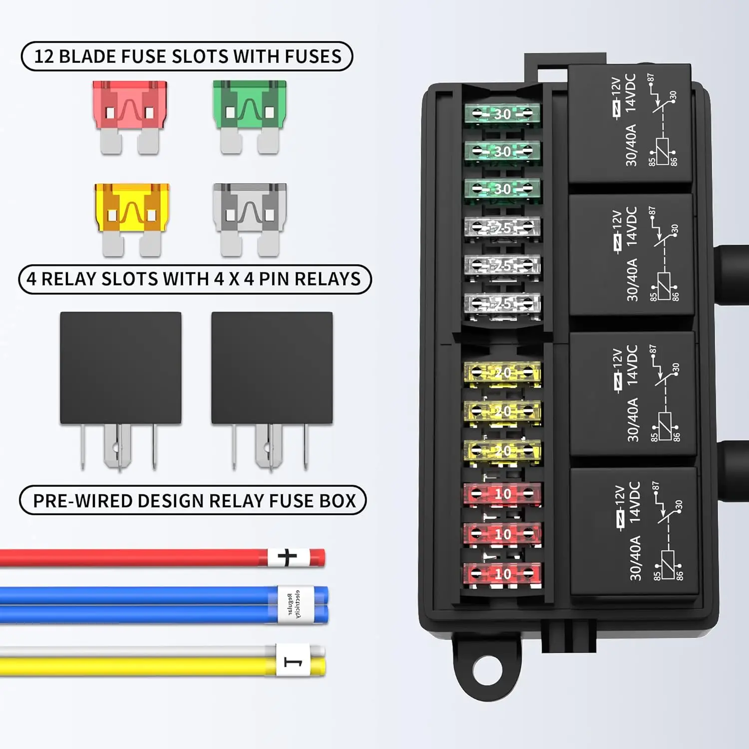 Relay Box Pre-Wired with 6 Pcs 4 Pin Relays & 11 Pcs Fuses