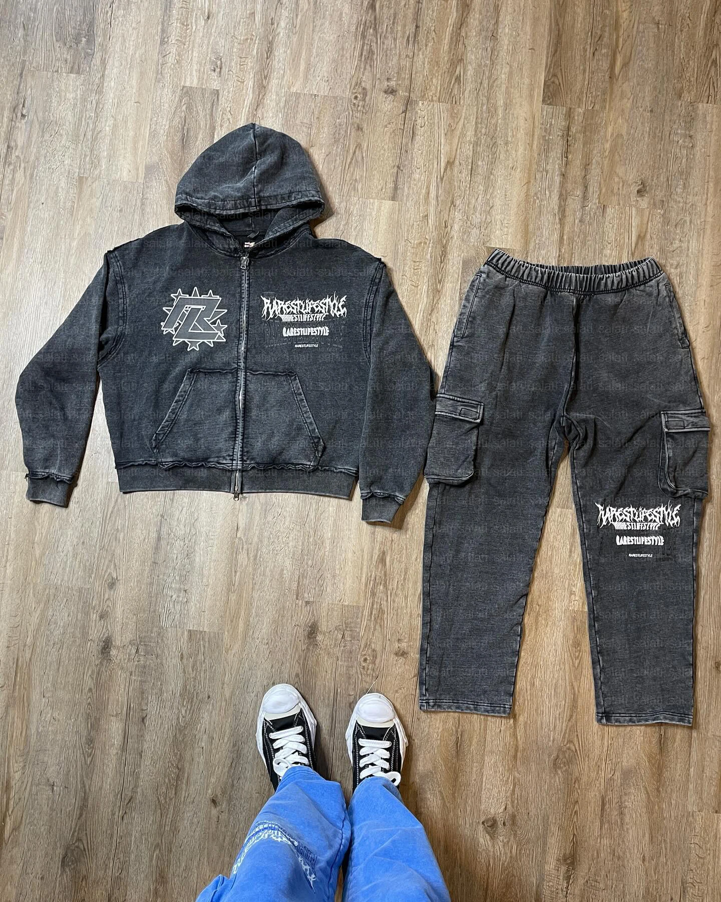 Custom Distressed Vintage Sweatsuit Acid Wash Sweat Suit Zip up Print Jogging Suit Tracksuit Cargo Sweatpants and Hoodie Set Men gallery 4