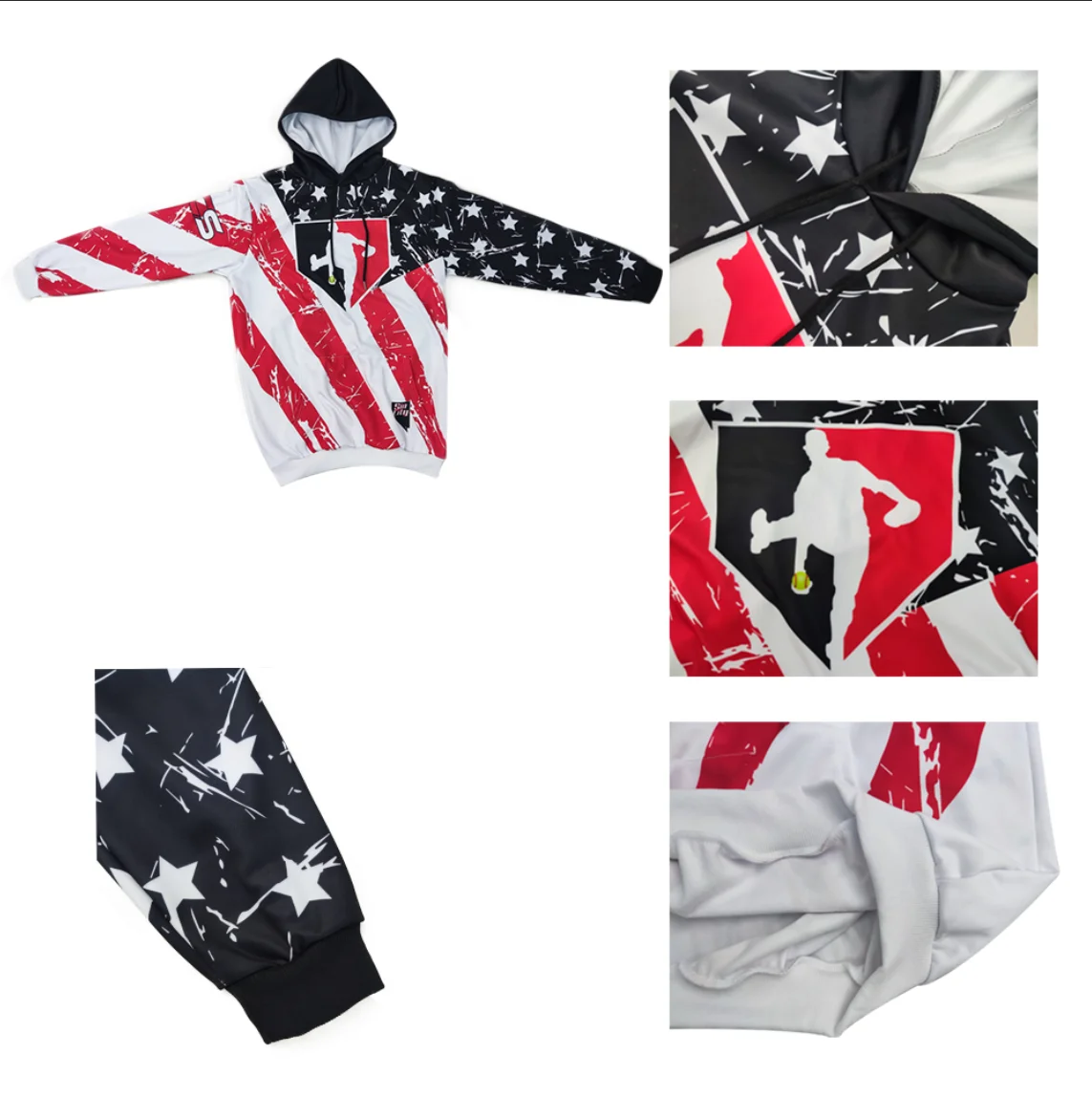 Superior Quality Men's Hoodie Custom Designed White-Red 3D American Flag Print Autumn Sports Pullover Sweatshirt