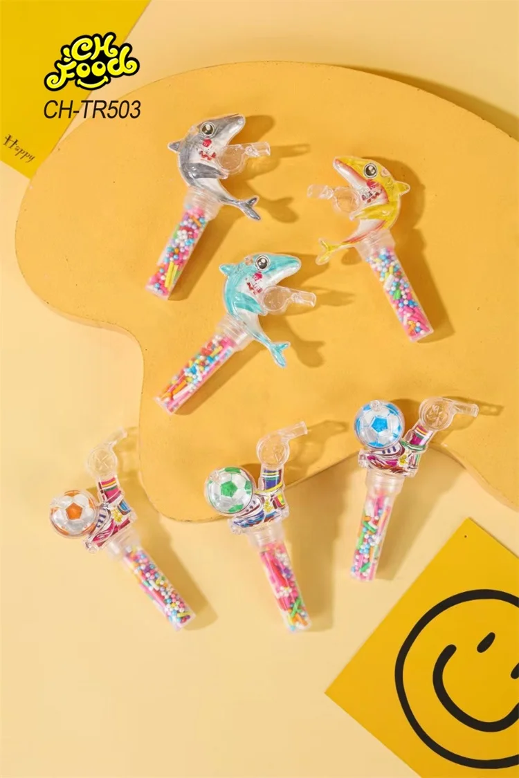 Low MOQ Small Plastic Dolphin and Football Whistle Shaking Needle Toys with Colorful Candy for Kids